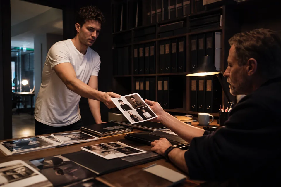 An open call at an agency office: a model hands a printed comp card across a desk to a booker who studies it, with a wall of portfolio books behind