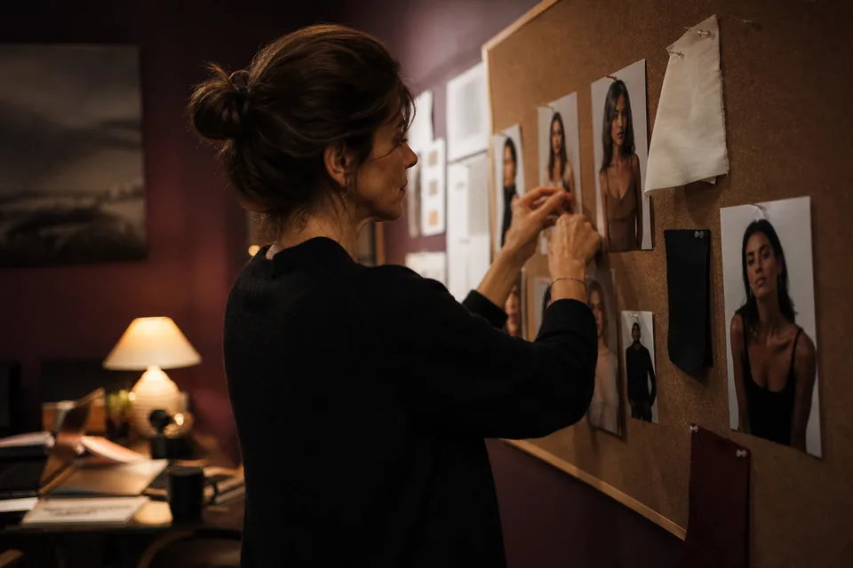 A brand producer pins printed casting photos to a cork board next to a shoot schedule and fabric swatches in a small production office
