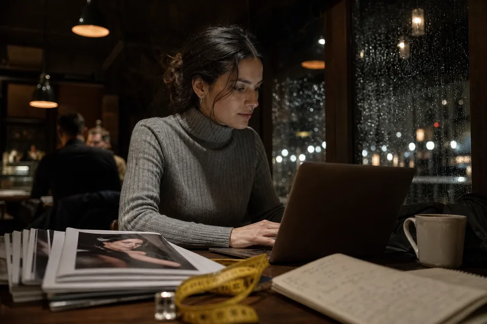 A model fills in an application at a cafe table at night, printed comp cards and a tape measure beside her laptop