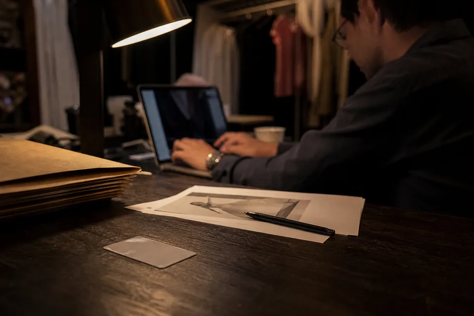 Verification at the agency desk: an ID card and a signed release lie on a dark desk under a lamp while a booker compares them on a laptop