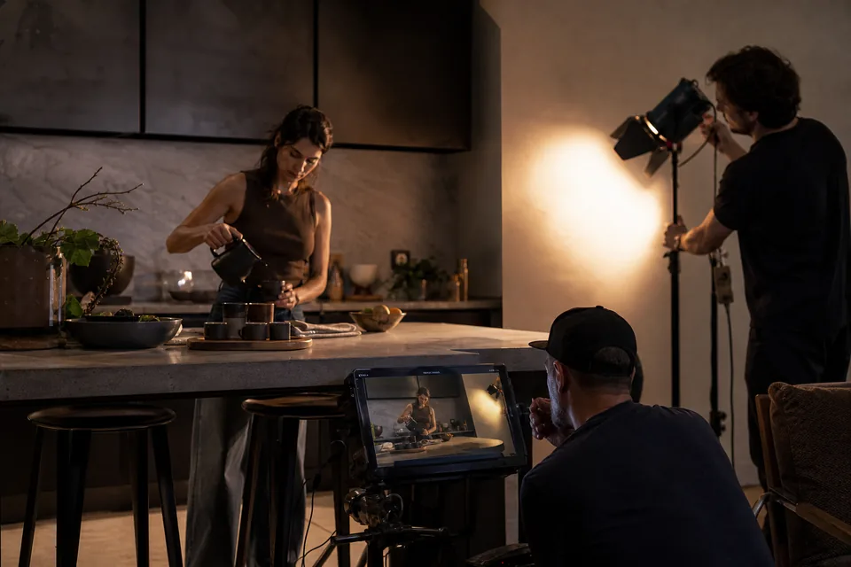 Commercial shoot in a loft kitchen: a model in her late thirties pours coffee at a counter while a camera operator checks the frame on a monitor beside her