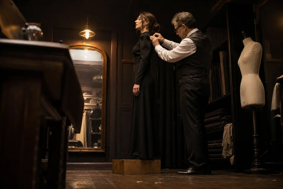 Fashion fitting: a model in a long black dress stands on a wooden block while a tailor chalks the shoulder seam in a dim atelier