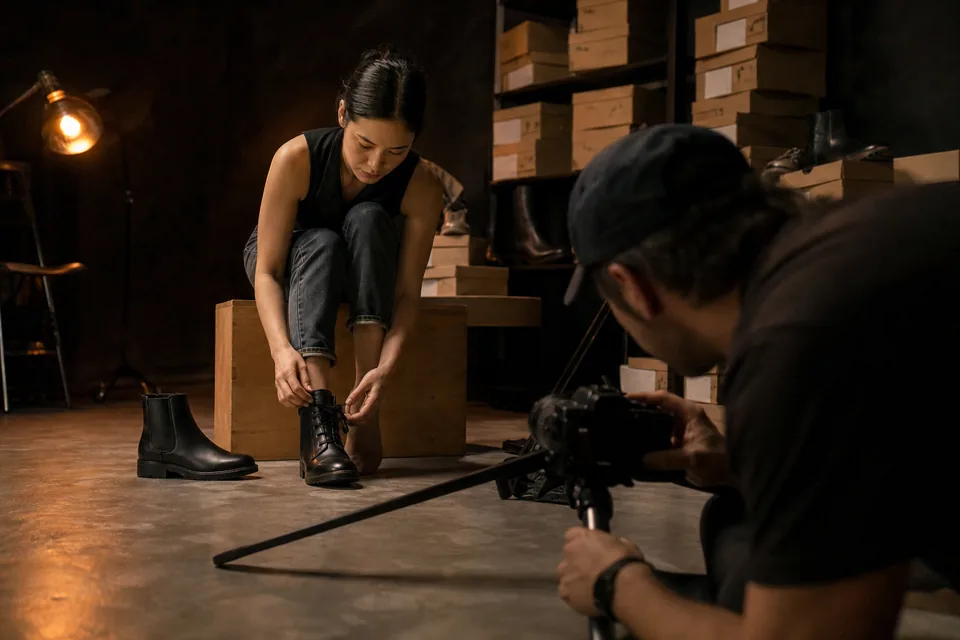 Petite footwear shoot: a petite model sits on an apple box lacing a boot while a photographer sets a low tripod