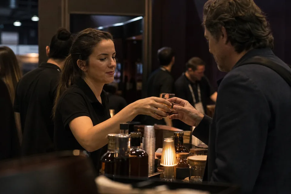 Promotional staff at a trade show: a brand ambassador in a black uniform polo hands a sample to a visitor at a booth counter under warm booth lighting